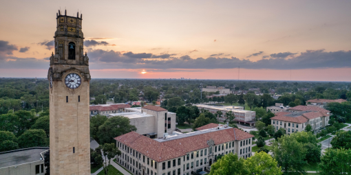 An aerial photo of the McNichols Campus during sunset