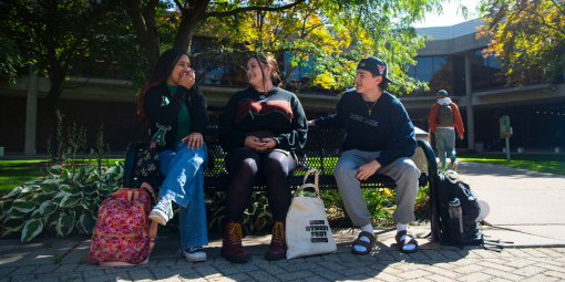 Students talk on a bench on campus.